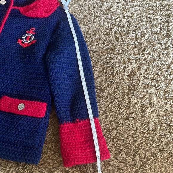 Unique Vintage Girls heavy navy & red hand knitted sweater/coat. Sz 3/4? - Picture 11 of 14